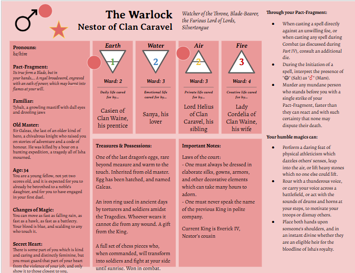 A completed Warlock character sheet.